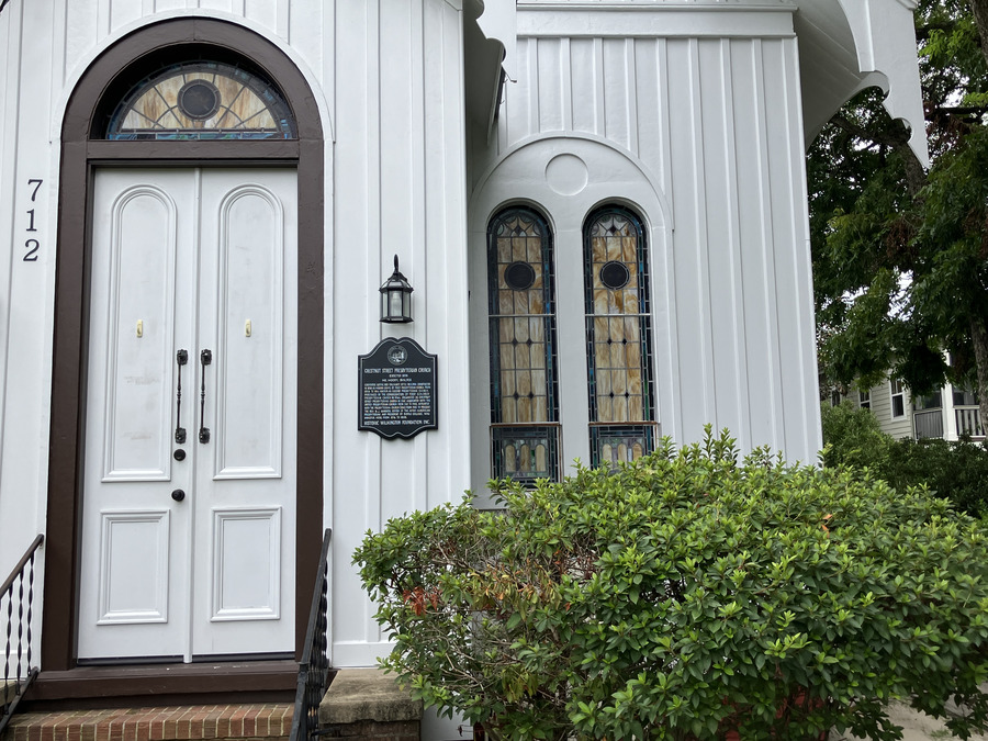Chestnut Street Presbyterian Church: front doors, stained glass, and historic plaque