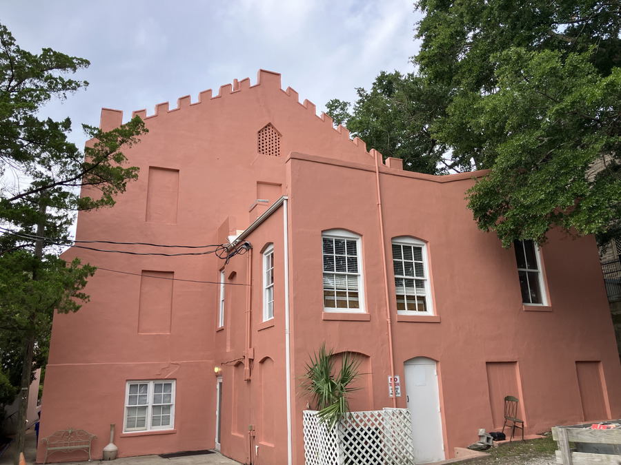 Saint Thomas Preservation Hall: rear elevation and crenellated roofline