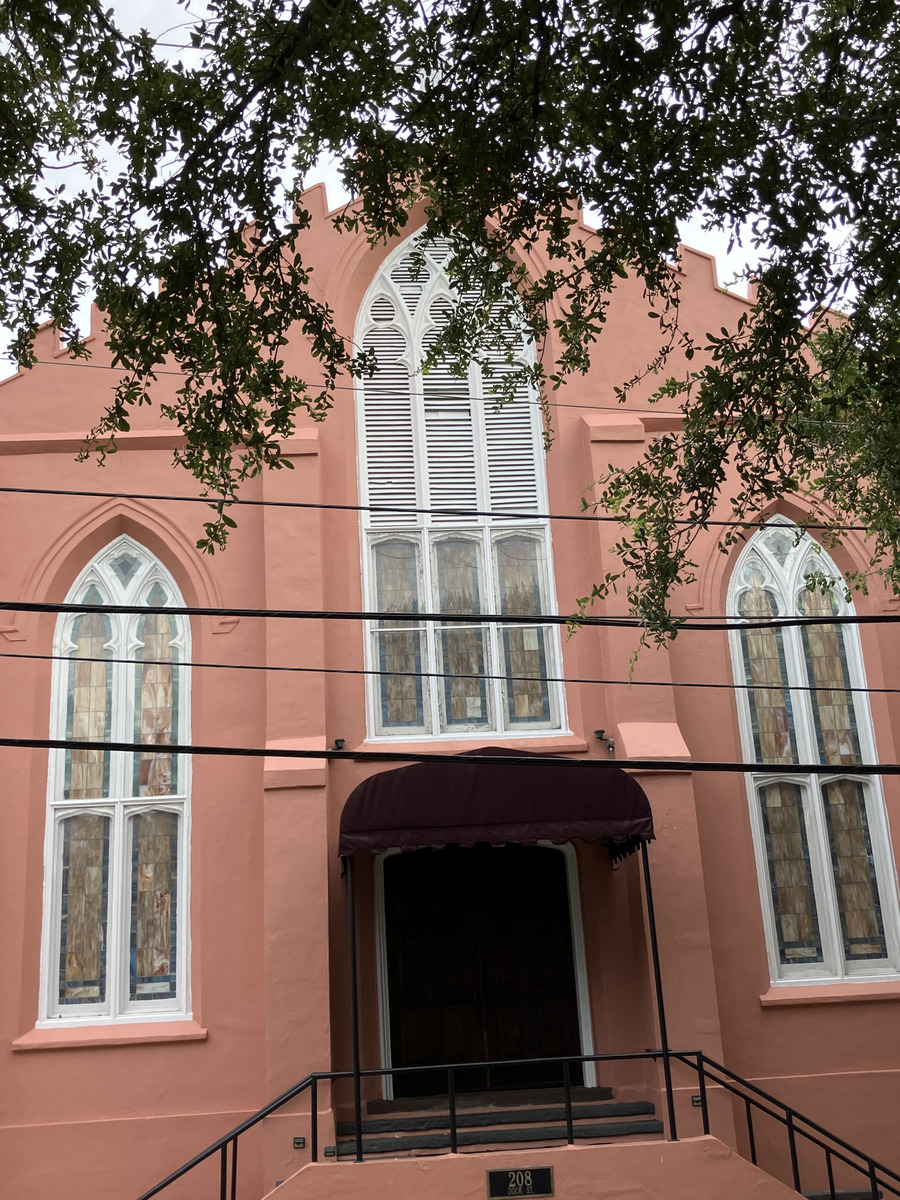 Saint Thomas Preservation Hall: centered view of the dock street façade