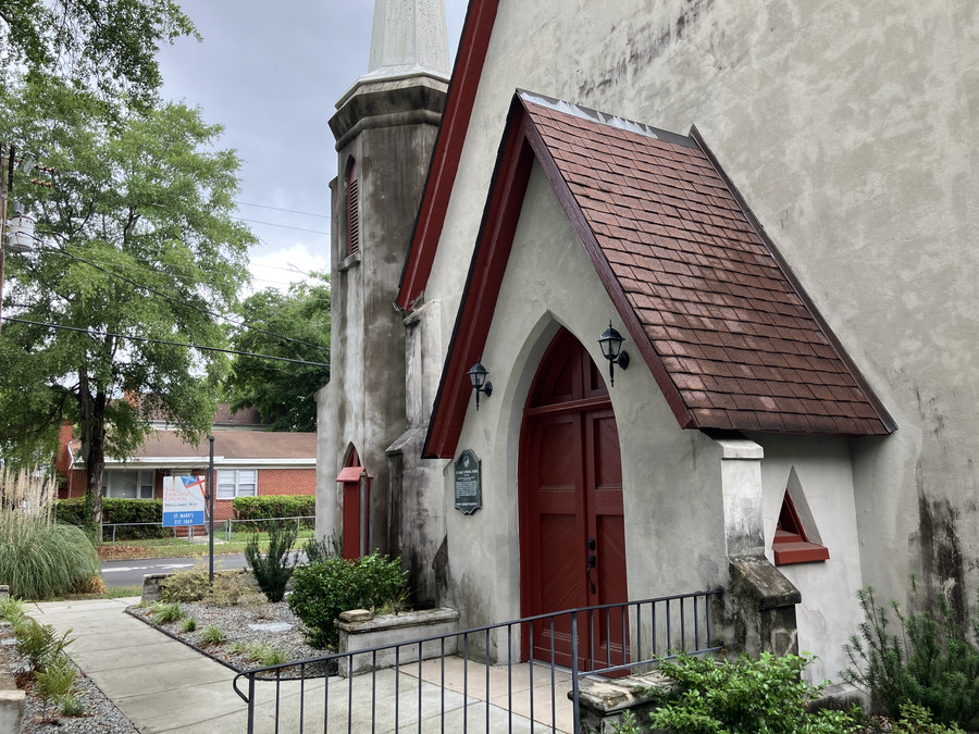 St. Mark’s Episcopal Church: angled view of the principal red entrance