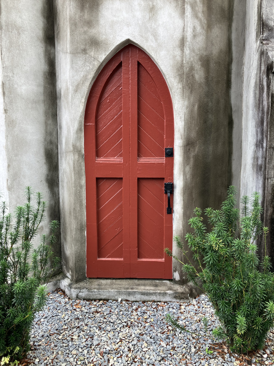 St. Mark’s Episcopal Church: pointed red side door and masonry detail