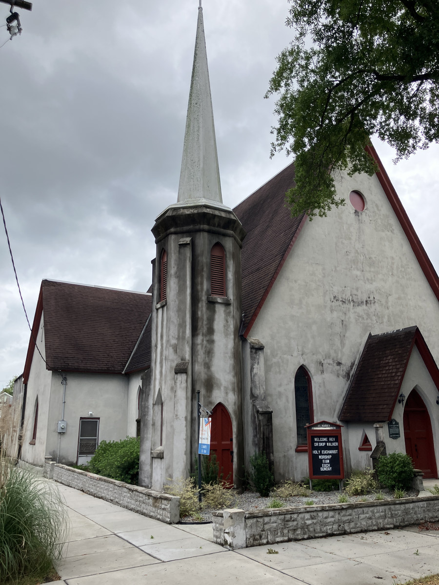St. Mark’s Episcopal Church: three-quarter view of the front and tower