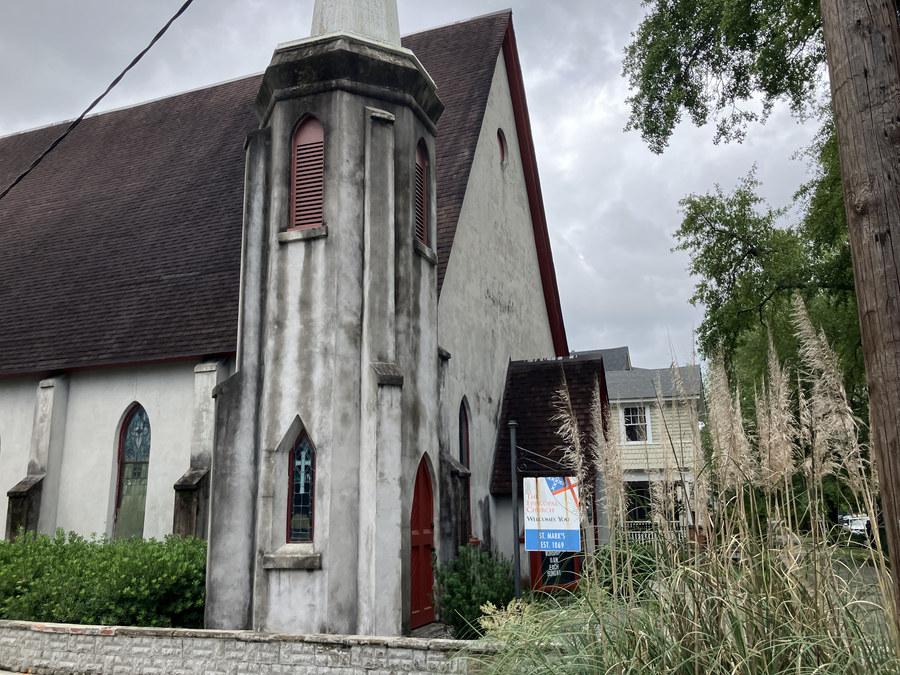 St. Mark’s Episcopal Church: tower and side elevation framed by ornamental grasses